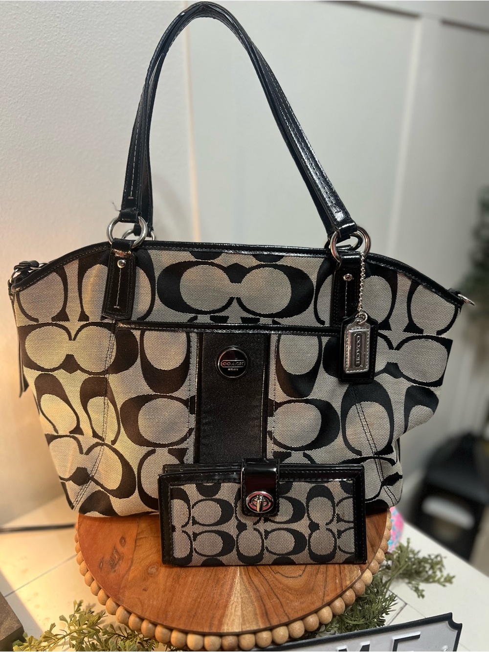 Coach Black and Cream Signature Canvas Tote with Matching Wallet